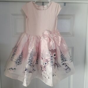 H&M Girls US 5T/6Lined Holiday Dress Deer/bunny Satin Lower Stretch S/S Upper